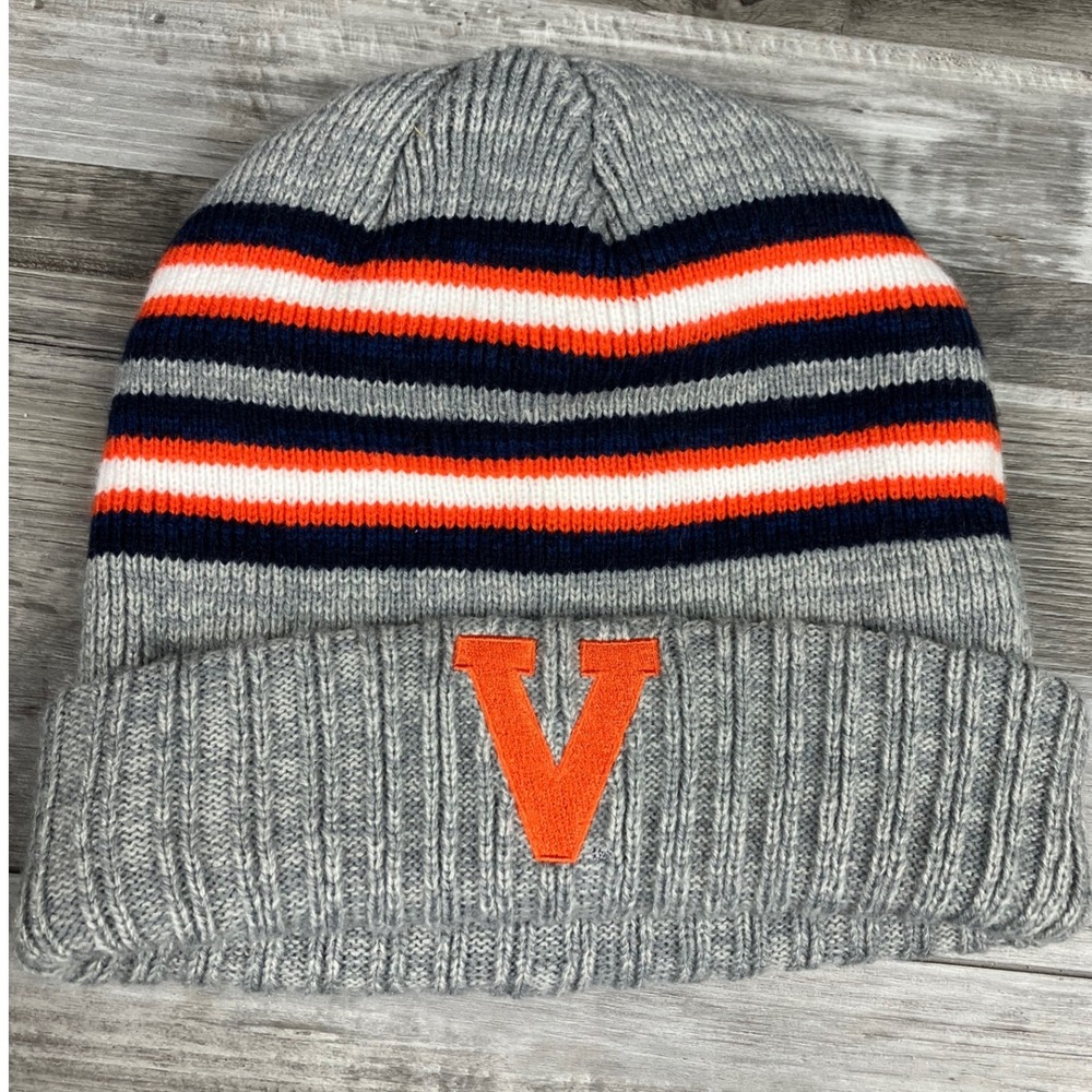 Captivating Virginia Cavaliers UVA Cuffed Beanie Hat Grey Orange Striped Knit